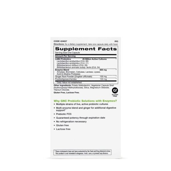 Gnc Probiotic Solutions With Enzymes, Probiotic Cu Enzime Digestive 25 Miliarde Cfu, 60 Cps - imagine 2