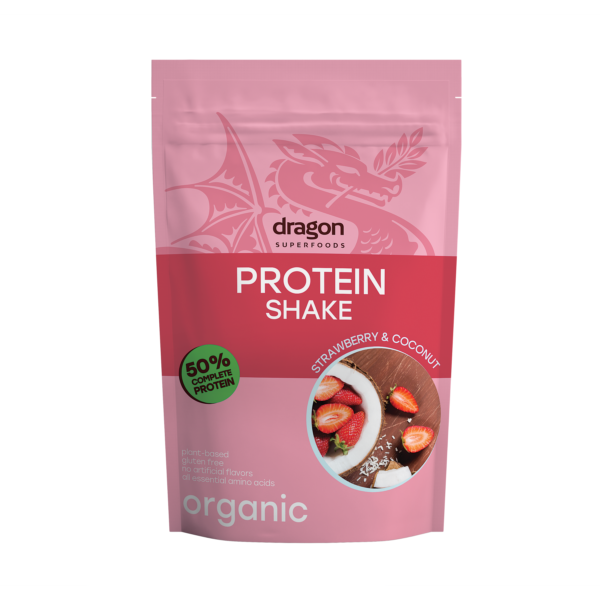 Shake proteic capsuni si cocos bio 450g Dragon Superfoods