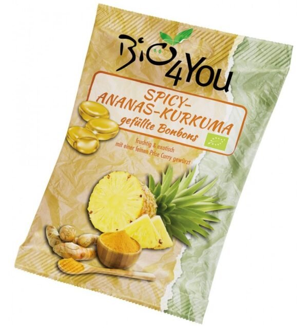 Bomboane bio usor picante cu ananas si curcuma, 75g