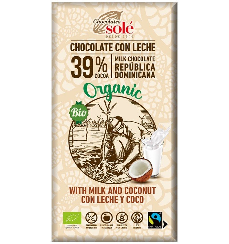 Ciocolata cu lapte si cocos bio si fairtrade,