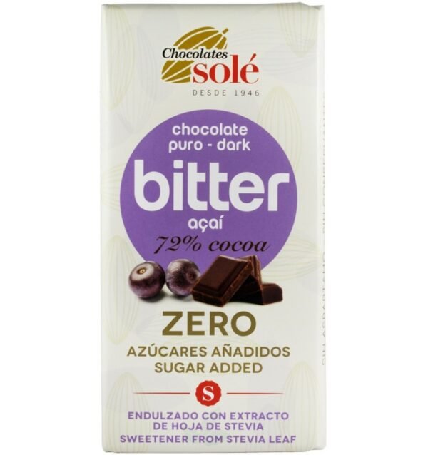 Ciocolata neagra 72% cacao cu acai, indulcita cu stevie,