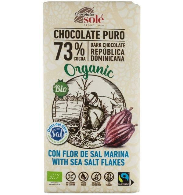 Ciocolata neagra bio si fairtrade 73% cacao cu Fleur de