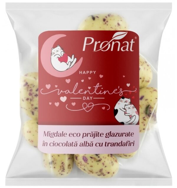 Migdale bio prajite, glazurate in ciocolata alba cu
