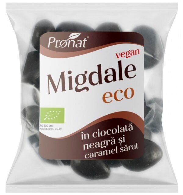 Migdale bio prajite si sarate glazurate in ciocolata neagra si